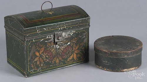 Tole dome lid box, 19th c., 7 1/4'' h., 10'' w., together with a painted bentwood box, 2 3/4'' h.