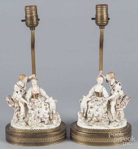 Two pairs of figural porcelain groups, mounted as lamps, ca. 1900, 6 1/2'' h. and 7 1/2'' h.
