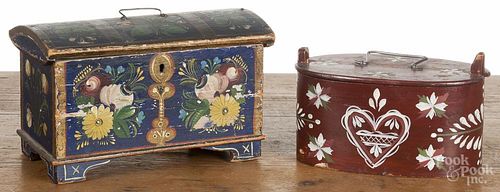 Two Scandinavian painted dome lid boxes, dated 1912 and 1913, 5 1/2'' h., 9'' w. and 4 1/4'' h.