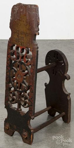 Scandinavian carved and painted winder, dated 1783, 24'' h., 7 1/4'' w., 12'' d.
