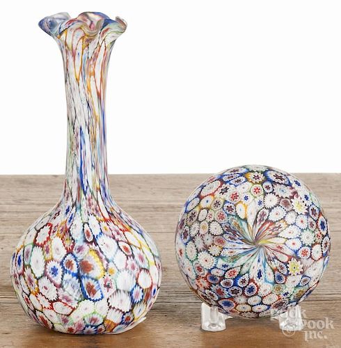 Millefiori art glass vase, 8 1/2'' h., and paperweight.