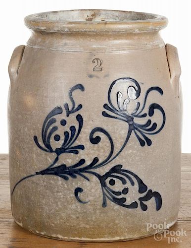 Two-gallon stoneware crock, 19th c., with cobalt floral decoration, 11'' h.