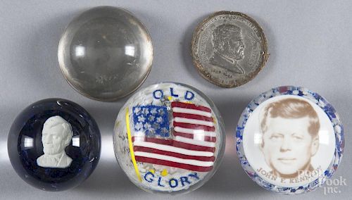 Four glass paperweights with patriotic decorations, to include a St. Clair sulphide paperweight