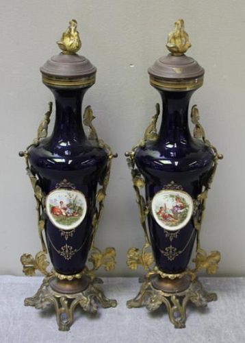 Pair of Sevres Style Cobalt Porcelain Urns.