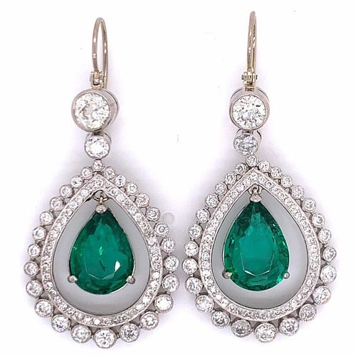 Platinum Emerald and Diamond Drop Earrings