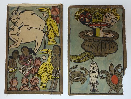 2 Indian Tribal Figural Animal Miniature Paintings