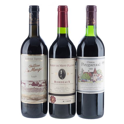 Lote Vinos Tintos de Francia.  Château la Mongie. Baron de Mont - Plaisir. Total de piezas: 3. En presentaciones de 750 ml.