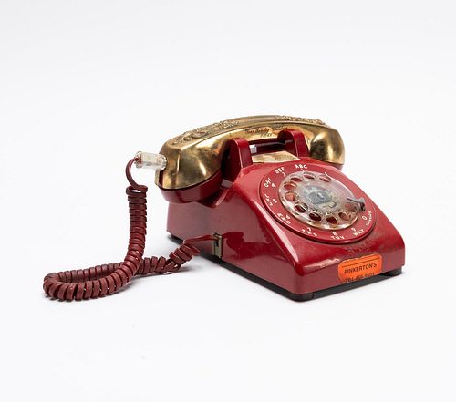 RED ROTARY DIAL PHONE WITH GOLD PLATED COVER, 1969