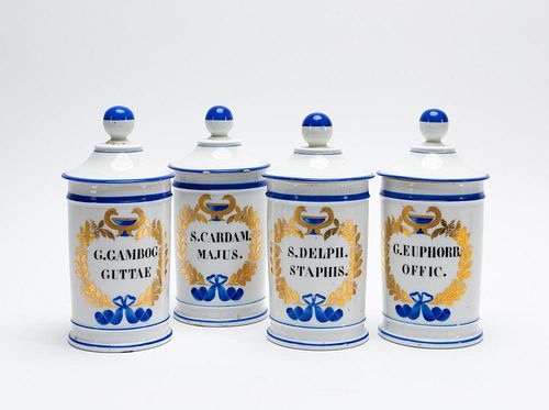 SET OF 4, FRENCH PORCELAIN APOTHECARY JARS, GILT