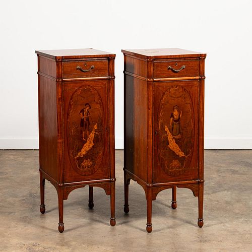 PAIR OF EDWARDIAN MARQUETRY INLAID MUSIC CABINETS