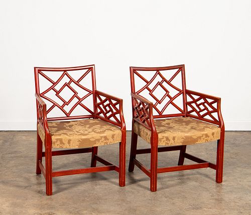 PAIR, RED PAINTED CHINESE CHIPPENDALE ARMCHAIRS