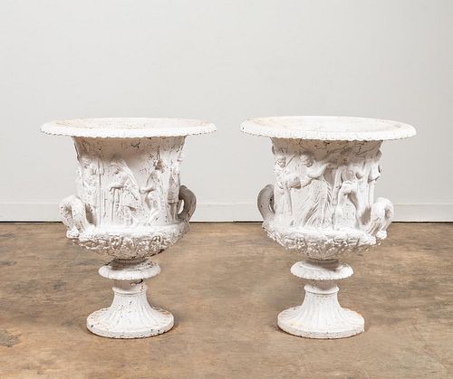 PAIR, CLASSICAL-STYLE WHITE CAST IRON GARDEN URNS