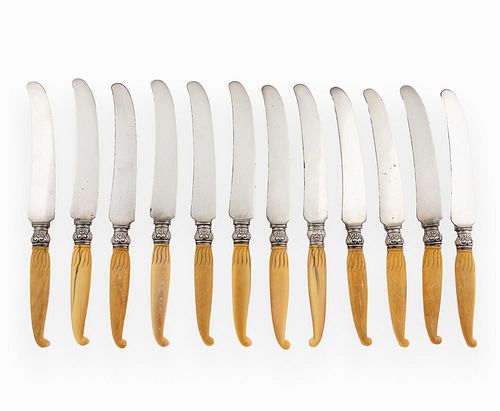 SET OF 12 AMERICAN SILVER AND BONE HANDLED KNIVES