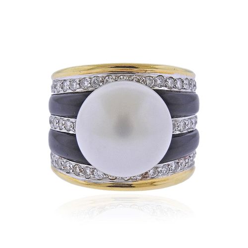 18k Gold Diamond South Sea Pearl Onyx Ring