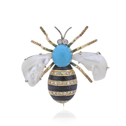 14k Gold Turquoise Diamond Pearl Insect Bee Brooch