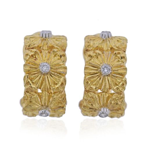 Buccellati Diamond Gold Cassettoni Half Hoop Flower Earrings