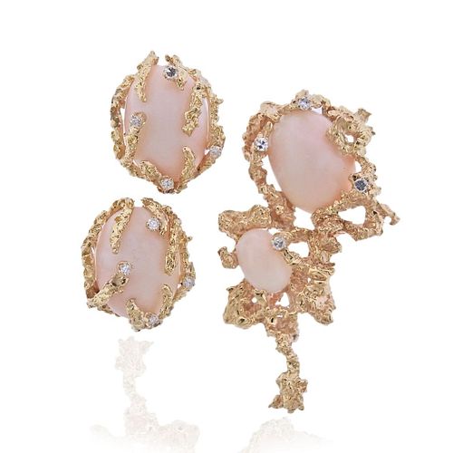 1970s 14k Gold Angel Skin Coral Diamond Earrings Brooch Set