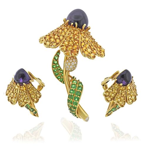 Jean Vitau Gld Diamond Amethyst Tsavorite Flower Earrings Brooch Set