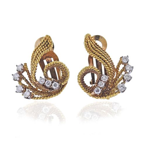 1960s 18k Gold Diamond Swirl Motif Earrings