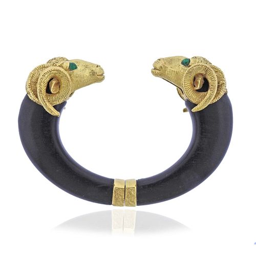 1970s 18k Gold Wood Emerald Ram's Head Bracelet
