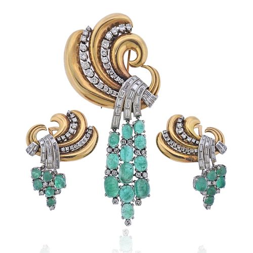Retro 20ctw Emerald 12ctw Diamond Gold Brooch Earrings Set