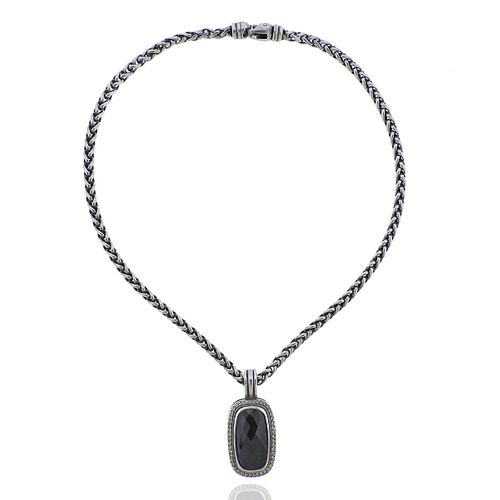 David Yurman Silver Diamond Onyx Pendant Necklace