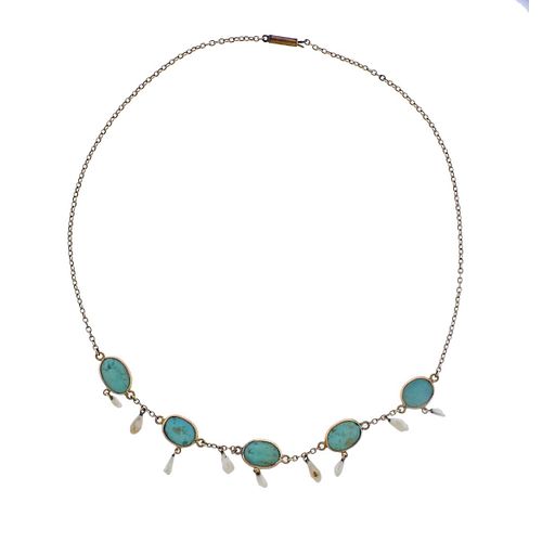 Antique Art Nouveau 14k Gold Pearl Turquoise Necklace