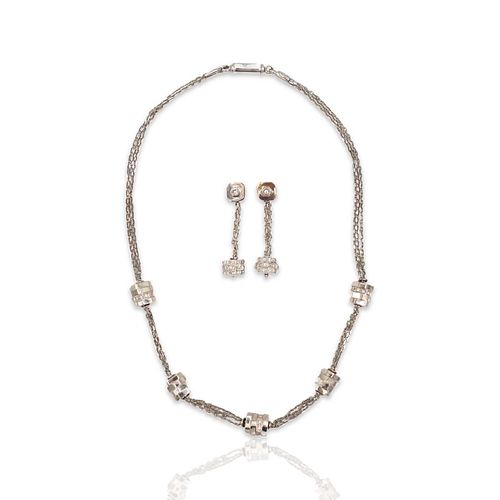 18K White Gold Diamond Drop Earrings & Diamond Necklace Set