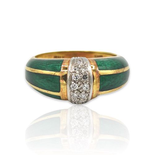 18K Yellow Gold Diamond Enamel Ring