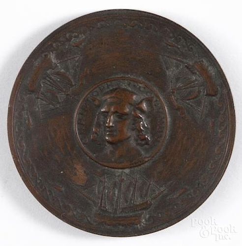 Charles F. Naegele, bronze commemorative Christopher Columbus medal, 1892, struck by Gorham Co.