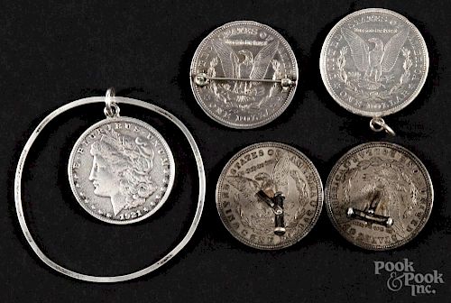 Morgan silver dollar jewelry set, to include a sterling bangle with a Morgan charm, a pendant