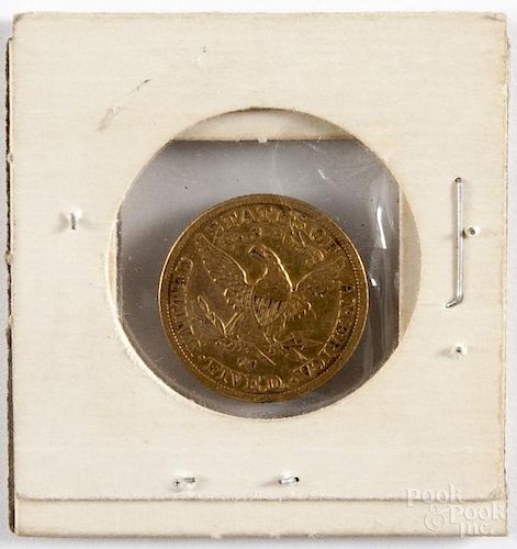 Liberty Head gold five dollar coin, 1891 CC, VF, with a scratch across the neck.