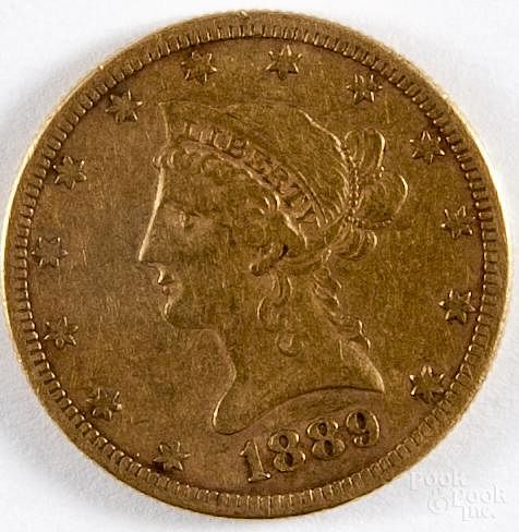 Liberty Head gold ten dollar coin, 1889 S, VF.