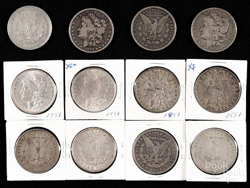 Thirteen Morgan silver dollars, to include two 1880, an 1880 O, an 1880 S, seven 1881, an 1881 O