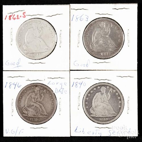 Four Seated Liberty silver half dollars, to include an 1840, G-VG, an 1846 (large date), F, an 1862