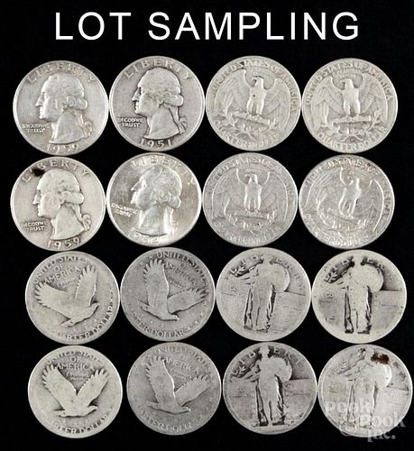 Ninety-five silver quarters, to include Standing Liberty and Washington quarters, average circulated