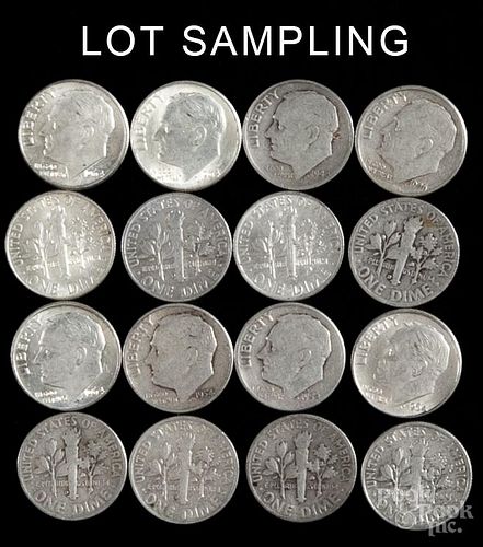 Three hundred assorted silver dimes, loose, average circulated.