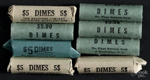 Four hundred assorted silver dimes, rolled, average circulated.