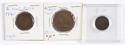 Three American coins, to include a large cent, 1850, F, a two-cent piece, 1865, F