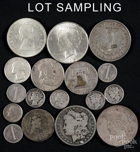 Assorted silver coins, to include dimes, quarters, half dollars, and silver dollars, 15.90 ozt.