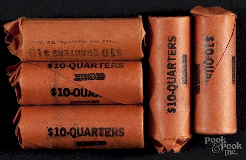 Two hundred silver Washington quarters, rolled, average circulated.