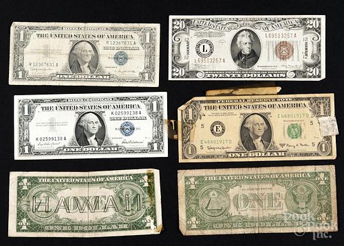 Six pieces of American paper currency, to include a twenty dollar Hawaii bill, series 1934 A
