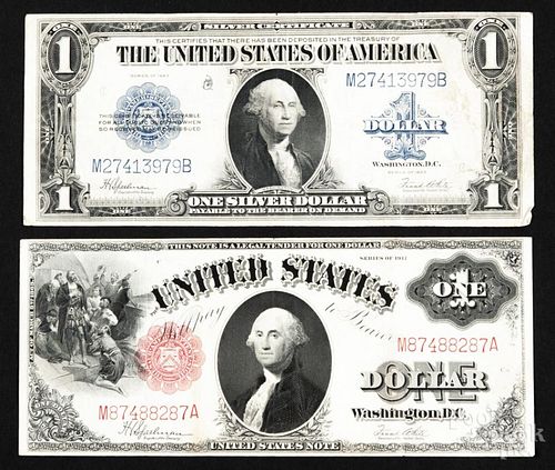 American one dollar bill, series 1917, red seal, together with a one dollar silver certificate