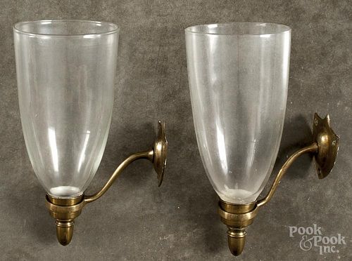 Set of four brass and colorless glass wall sconces, 20th c., 12 1/2'' h.