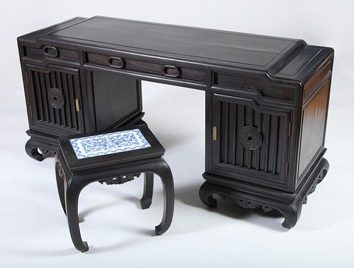 Modern Chinese Carved Hardwood Two-Pedestal Desk, a Small Tile-Top Table, and an Oversized Mirror