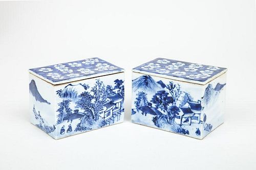 Pair of Chinese Blue and White Porcelain Boxes and Covers