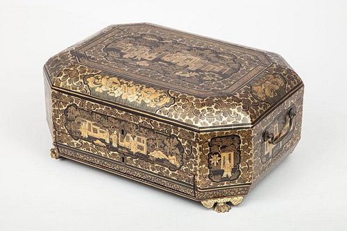Chinese Export Black Lacquer and Parcel-Gilt Work Box
