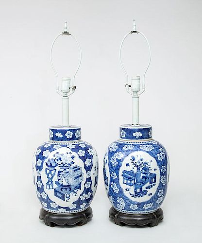Pair of Chinese Blue and White Porcelain Ovoid Vases and Covers, Now Mounted as Lamps