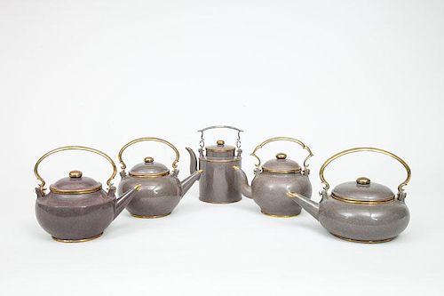 Five Modern Chinese Gilt-Metal-Mounted Pottery Teapots