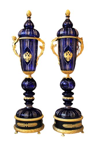 Pair of French Ormolu Mounted Cobalt Blue Palace Vases w/ Gilded Angels on a Black Base
